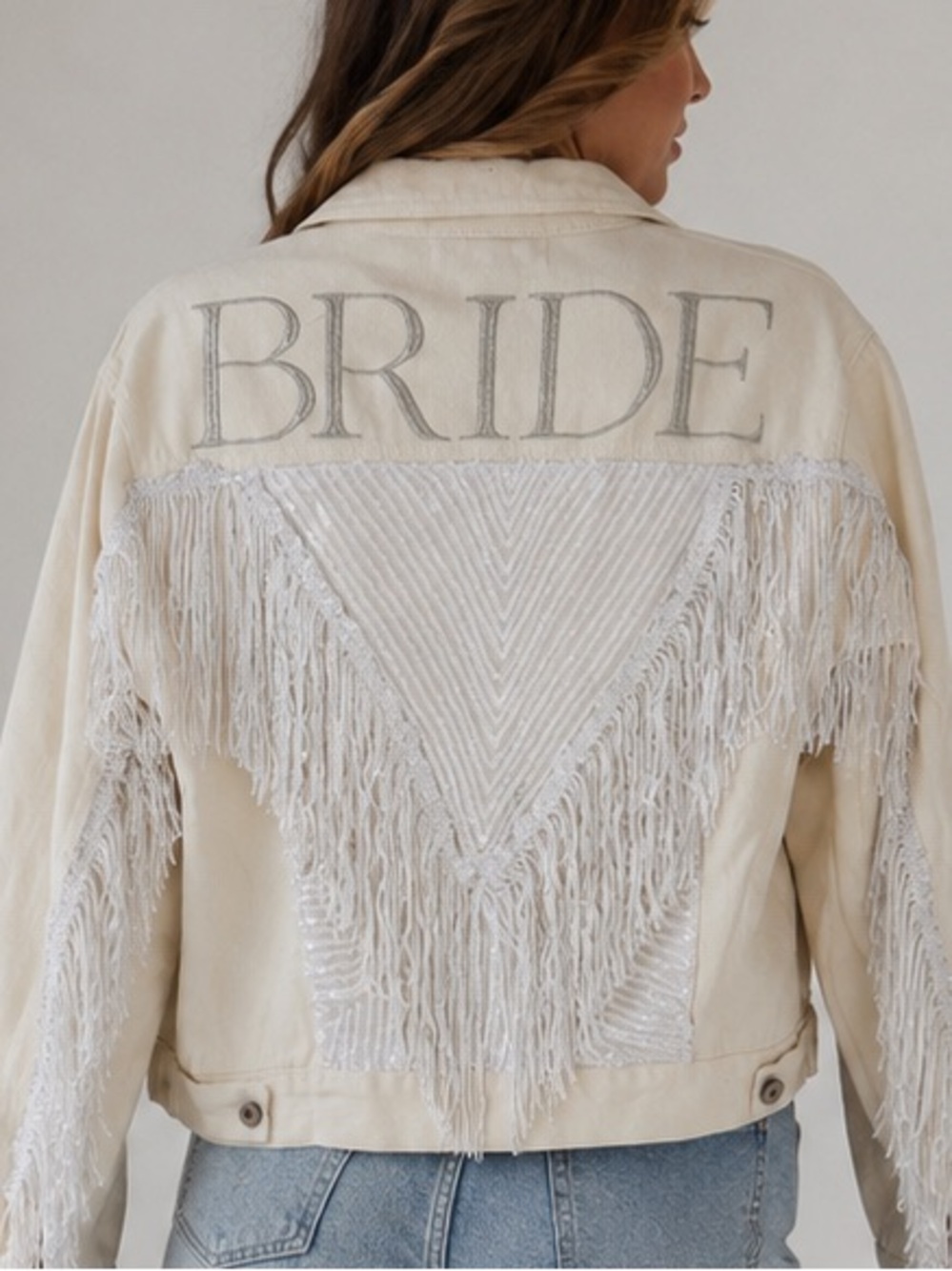 NWT Heirloom 'BRIDE' White Fringe Denim Jacket for Brides